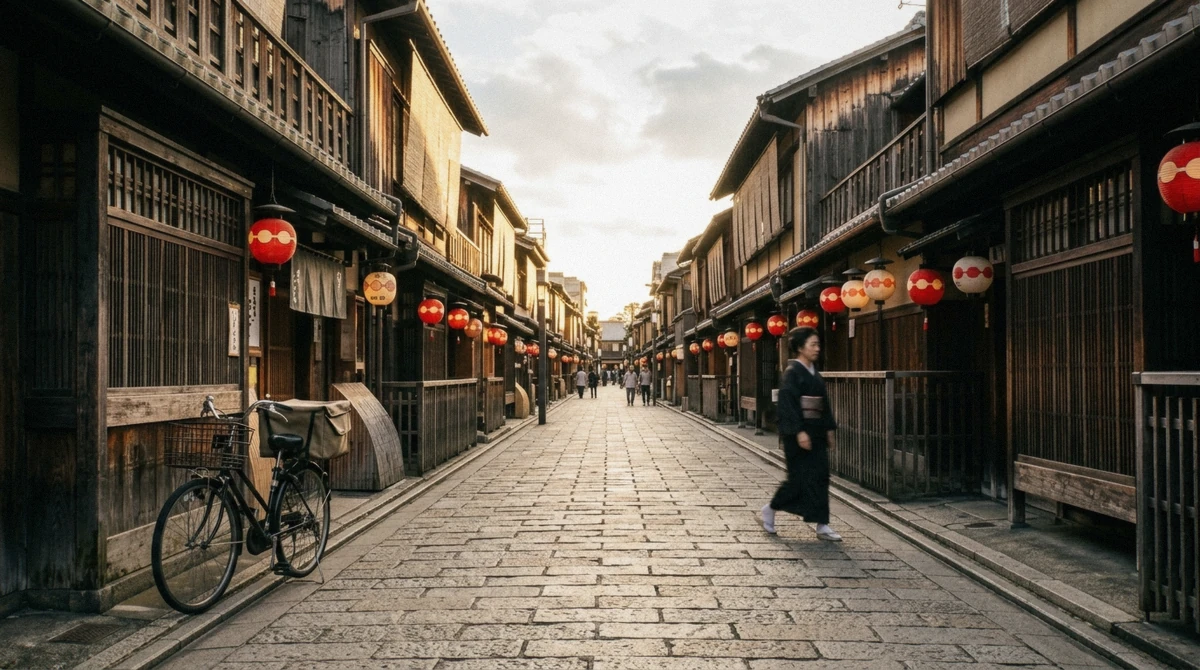 A quiet public lane in Gion in the early evening, one of the streets where you might glimpse a geiko or maiko walking to an appointment